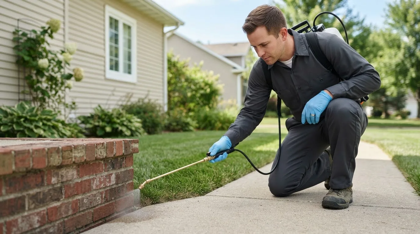 Pest control technician treating a home near Overbrook, OK