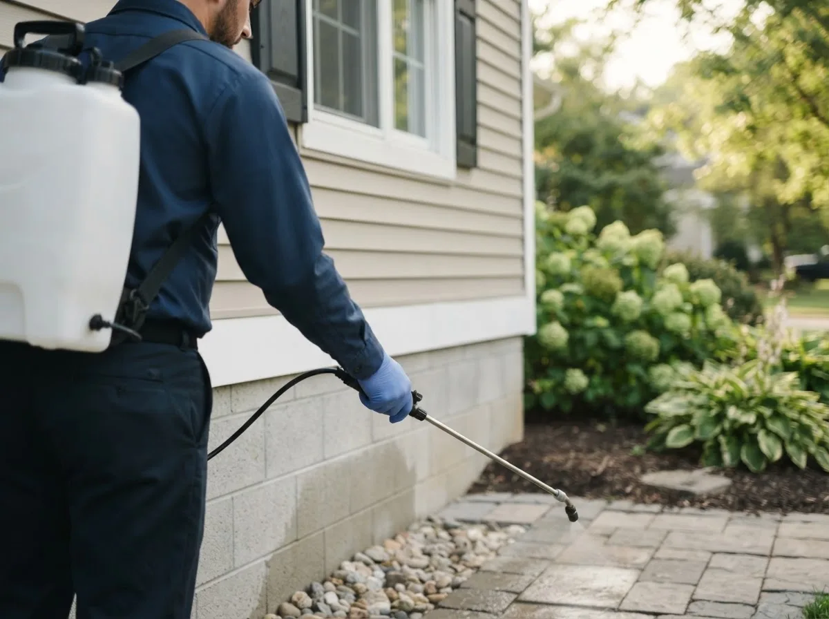 Pest control technician inspecting a home in Overbrook, OK